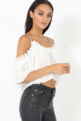 White Pleated Crochet Trim Cold Shoulder Crop Top - Jil-Crop Tops