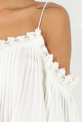 White Pleated Crochet Trim Cold Shoulder Crop Top - Jil-Crop Tops