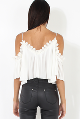 White Pleated Crochet Trim Cold Shoulder Crop Top - Jil-Crop Tops