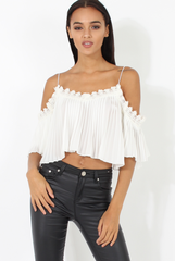 White Pleated Crochet Trim Cold Shoulder Crop Top - Jil-Crop Tops
