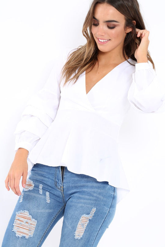 White Pleated Dip Hem Top - Avah