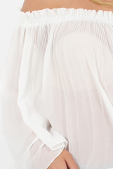 White Pleated Three Quarter Bell Sleeve Crop - Stacey-Dresses