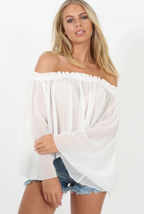 White Pleated Three Quarter Bell Sleeve Crop - Stacey-Dresses