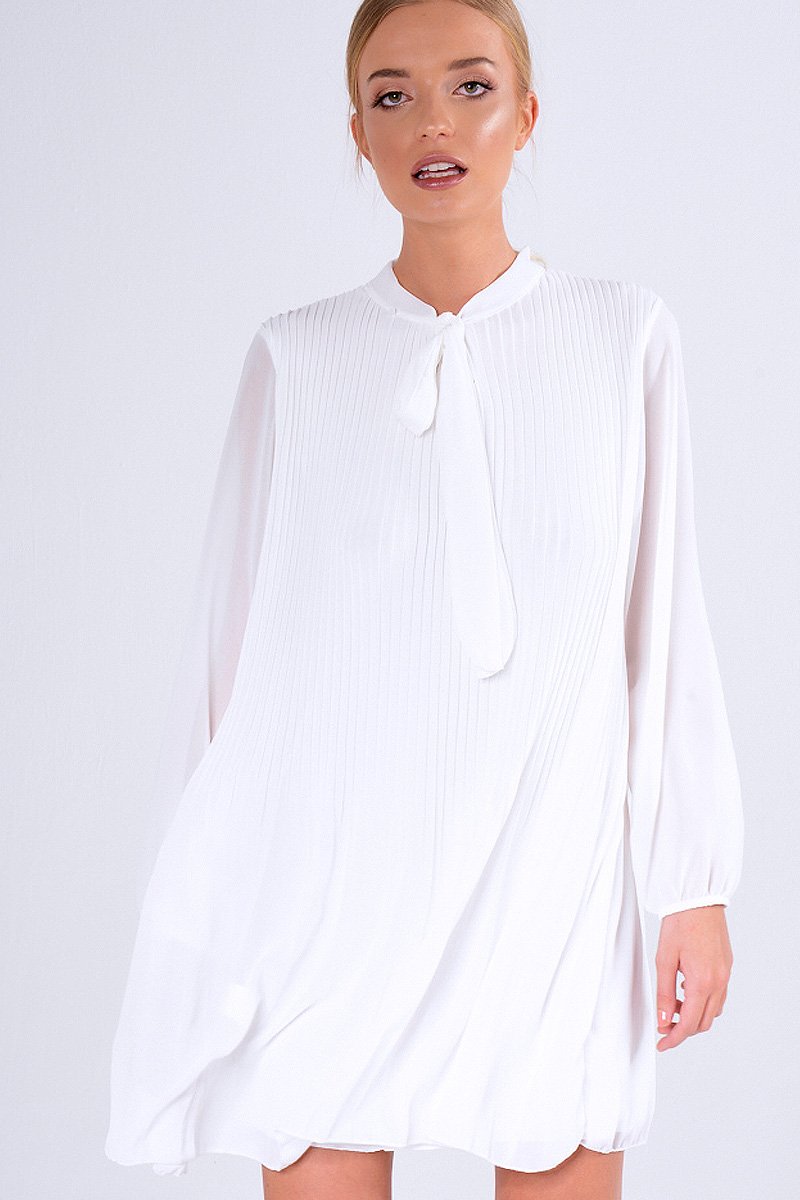 White Pleated Tie Neck Long Sleeve Swing Dress - Nickie-Dresses