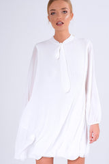 White Pleated Tie Neck Long Sleeve Swing Dress - Nickie-Dresses
