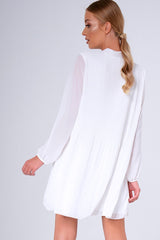 White Pleated Tie Neck Long Sleeve Swing Dress - Nickie-Dresses