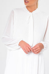 White Pleated Tie Neck Long Sleeve Swing Dress - Nickie-Dresses