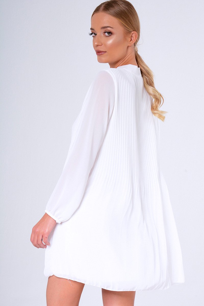 White Pleated Tie Neck Long Sleeve Swing Dress - Nickie-Dresses