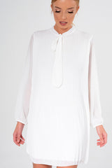 White Pleated Tie Neck Long Sleeve Swing Dress - Nickie-Dresses