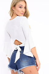 White Plunge Bell Sleeve Crop Top - Merla-Crop Tops