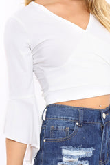 White Plunge Bell Sleeve Crop Top - Merla-Crop Tops