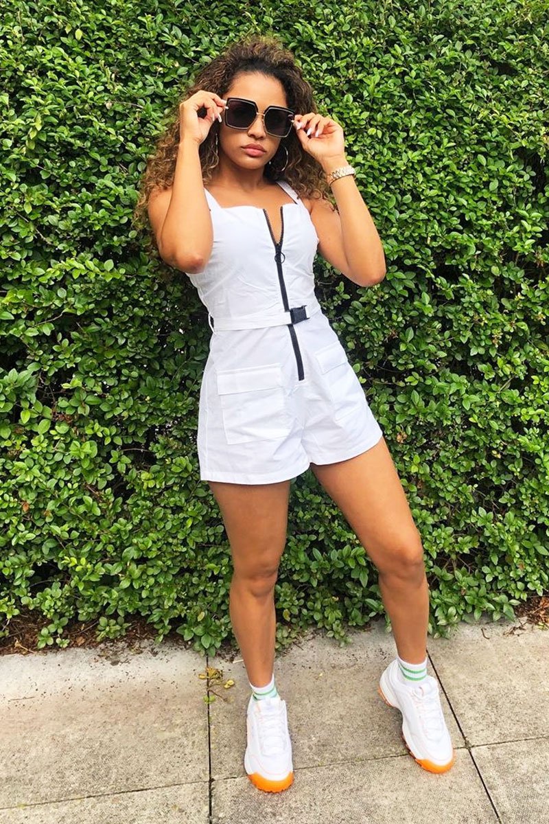 White Plunge Belted Waist Sleeveless Playsuit - Kerstyn-Playsuits