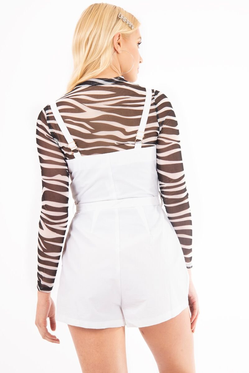 White Plunge Belted Waist Sleeveless Playsuit - Kerstyn-Playsuits