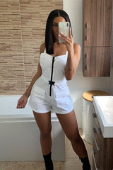 White Plunge Belted Waist Sleeveless Playsuit - Kerstyn-Playsuits