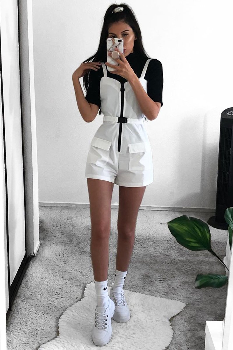 White Plunge Belted Waist Sleeveless Playsuit - Kerstyn-Playsuits