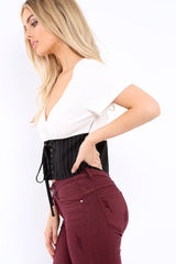 White Plunge Black Corset Lace Front Crop Top - Brinklee-Crop Tops