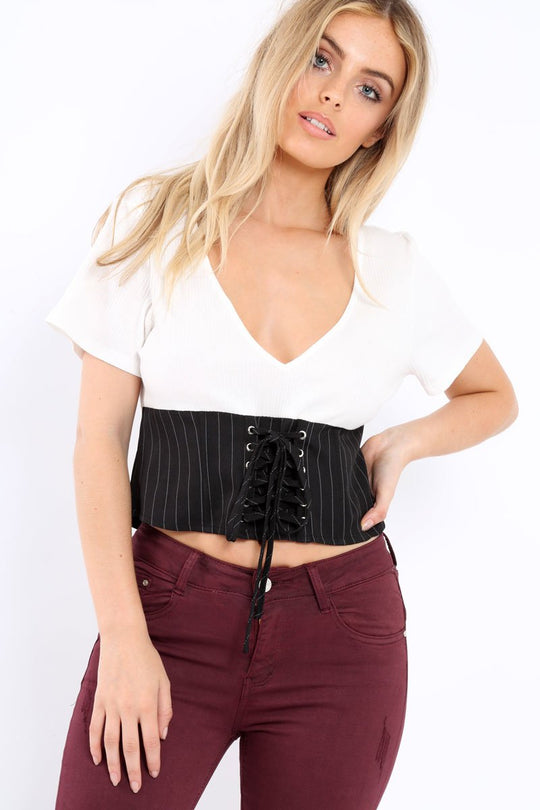 White Plunge Black Corset Lace Front Crop Top - Brinklee