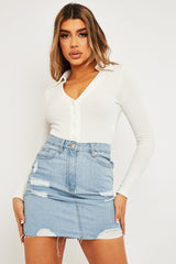 White Plunge Button Front Collar Bodysuit - Isabella-Bodysuits