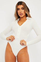 White Plunge Button Front Collar Bodysuit - Isabella-Bodysuits