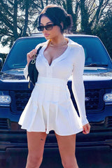 White Plunge Button Front Collar Bodysuit - Isabella-Bodysuits