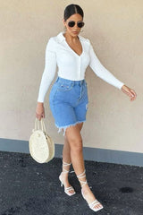 White Plunge Button Front Collar Bodysuit - Isabella-Bodysuits