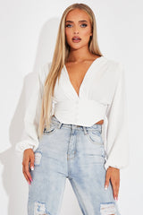 White Plunge Button Front Top - Zamina-Tops