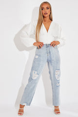 White Plunge Button Front Top - Zamina-Tops