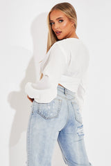 White Plunge Button Front Top - Zamina-Tops