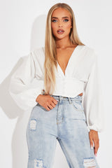 White Plunge Button Front Top - Zamina-Tops