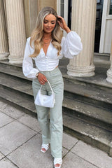 White Plunge Button Front Top - Zamina-Tops