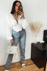 White Plunge Button Front Top - Zamina-Tops