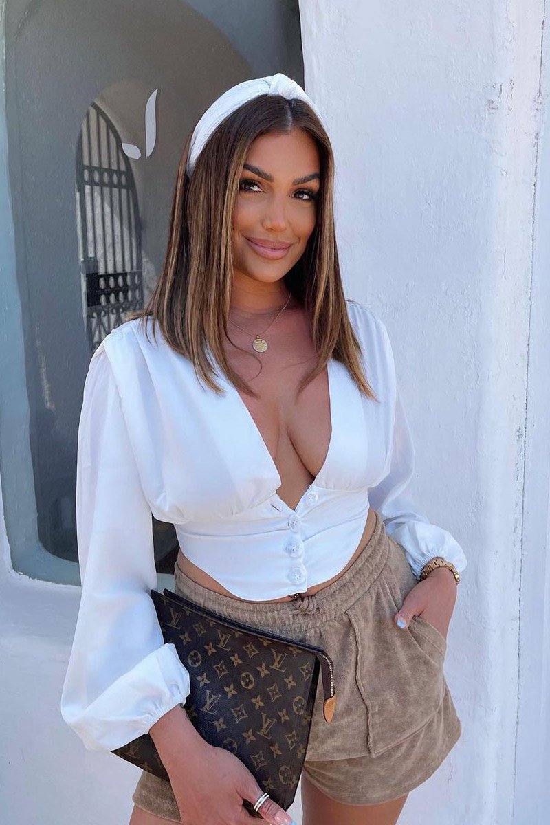 White Plunge Button Front Top - Zamina-Tops