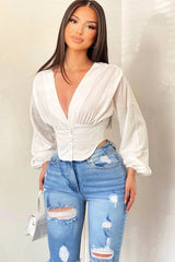 White Plunge Button Front Top - Zamina-Tops