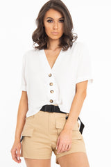 White Plunge Button Up Crop Blouse - Merina-Blouse