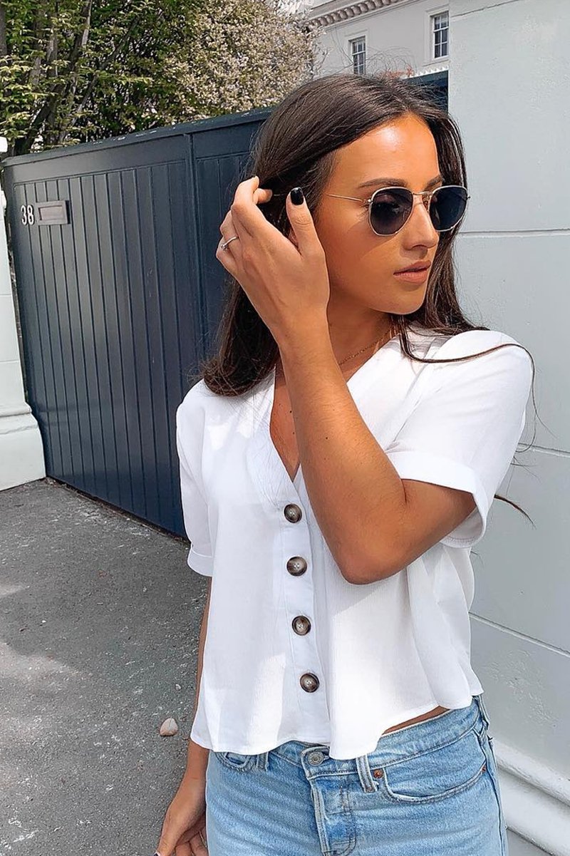 White Plunge Button Up Crop Blouse - Merina-Blouse
