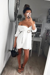 White Plunge Crepe Belted Dress - Baily-Dresses