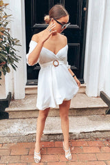 White Plunge Crepe Belted Dress - Baily-Dresses