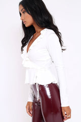 White Plunge Frill Wrap Tie Front Top - Rebecca-Tops