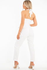White Plunge Front Belted Jumpsuit - Mykel-Jumpsuits