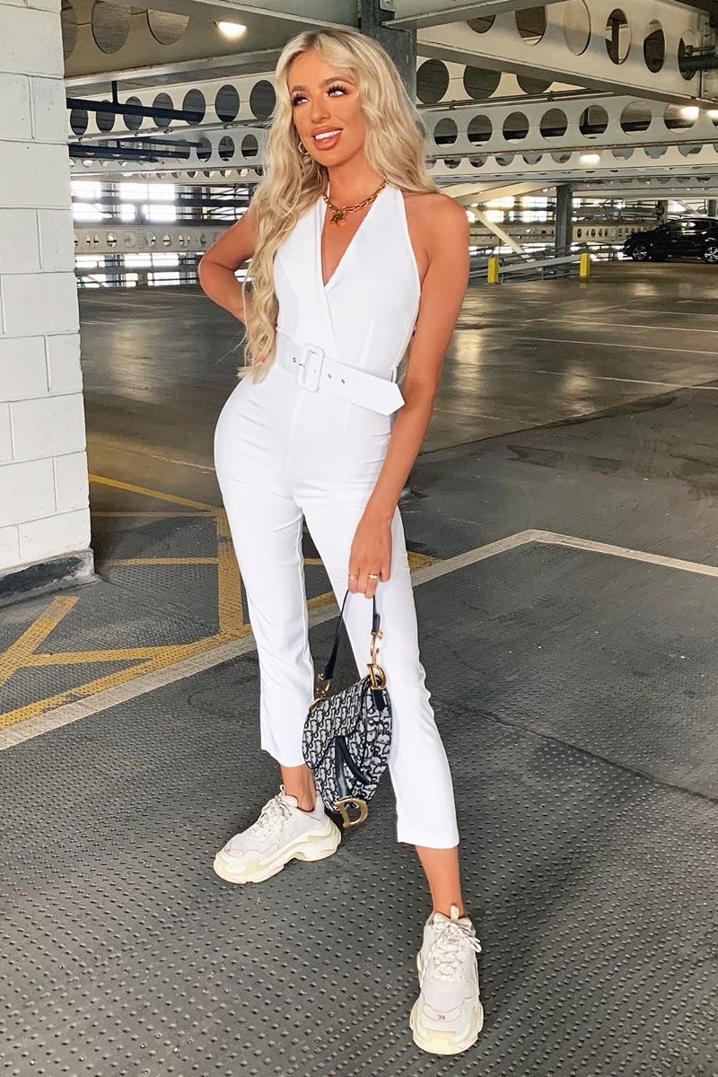 White Plunge Front Belted Jumpsuit - Mykel-Jumpsuits