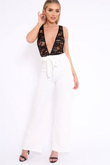 White Plunge Front Lace Jumpsuit - Felice-Jumpsuits