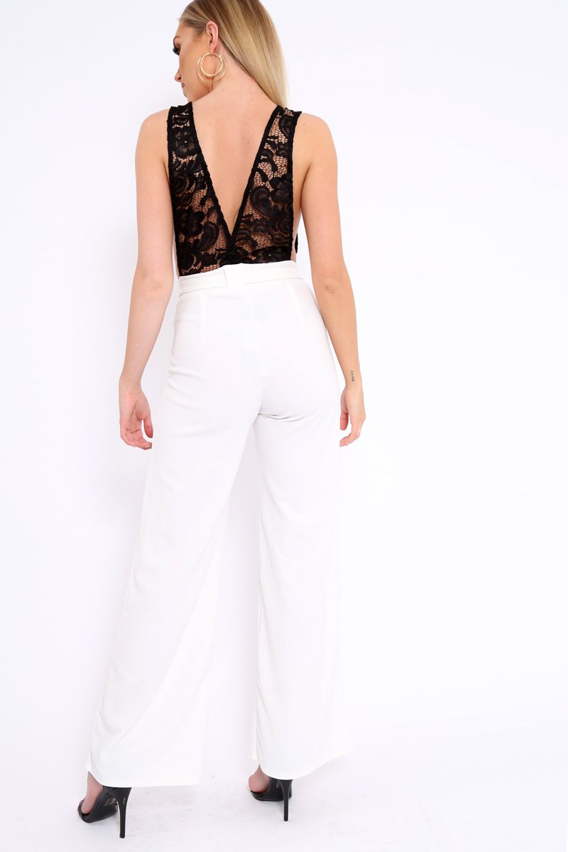 White Plunge Front Lace Jumpsuit - Felice-Jumpsuits