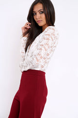 White Plunge Keyhole Back Lace Bodysuit - Adelaide-Bodysuits