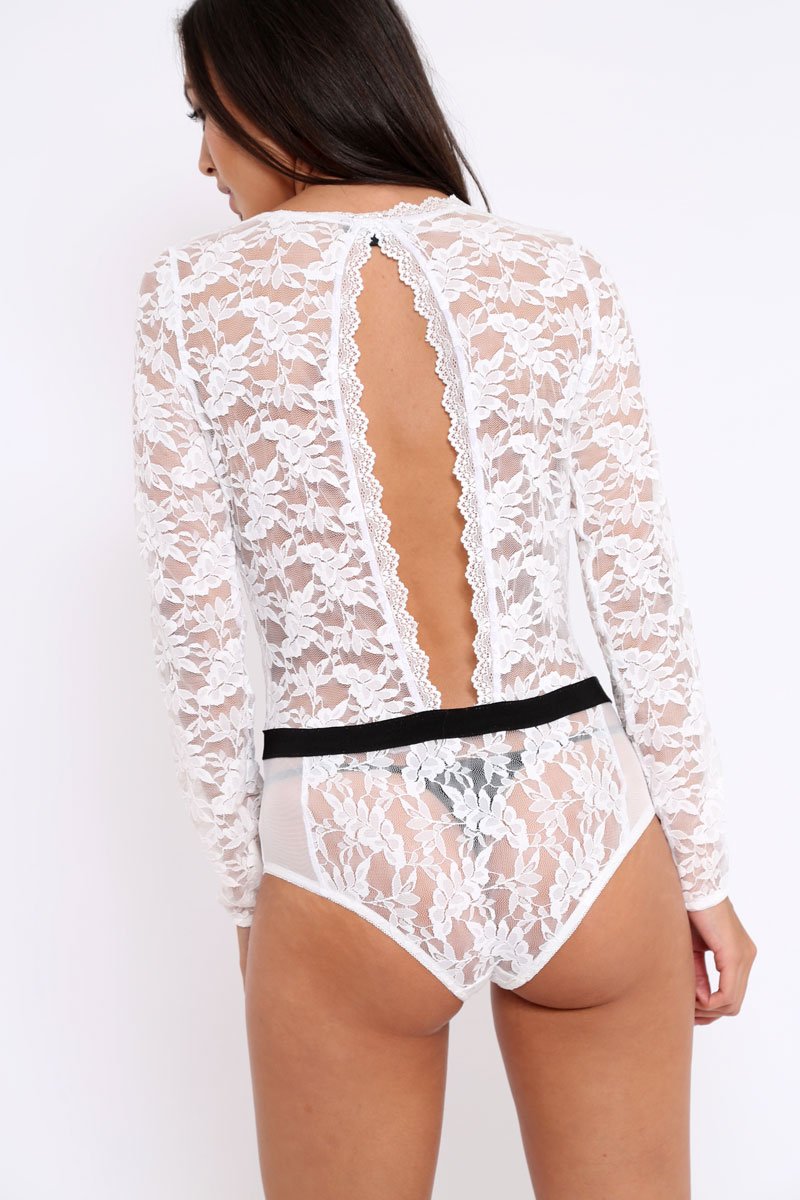 White Plunge Keyhole Back Lace Bodysuit - Adelaide-Bodysuits