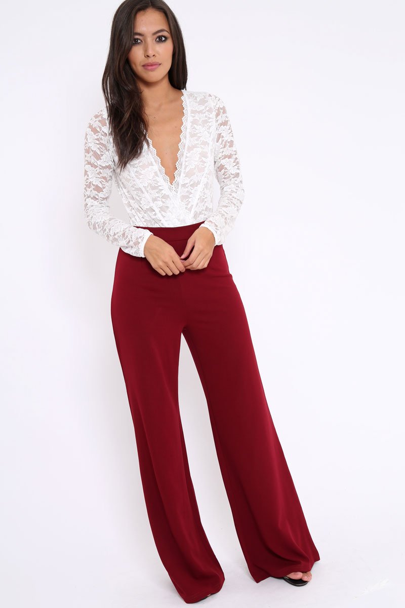 White Plunge Keyhole Back Lace Bodysuit - Adelaide-Bodysuits