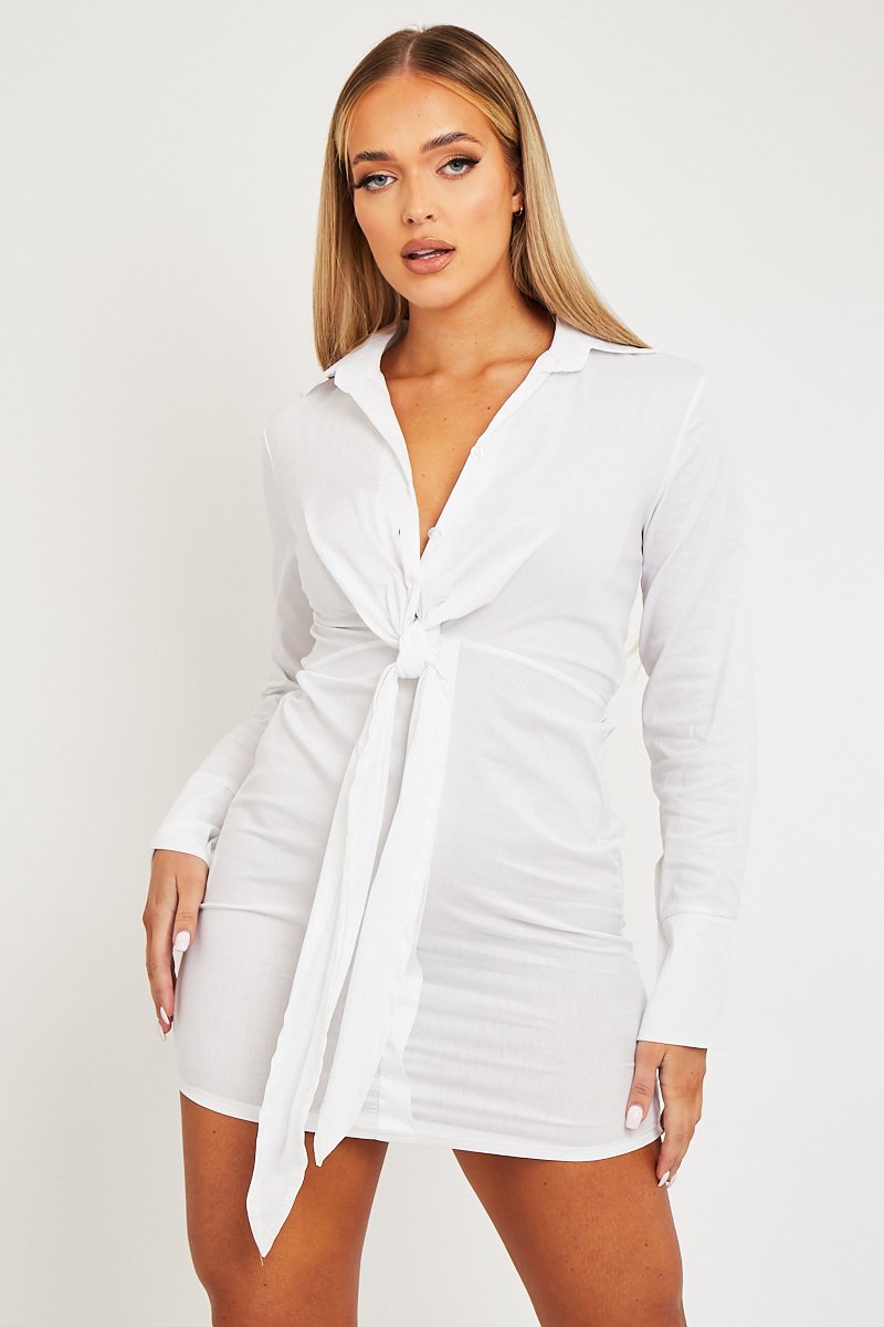 White Plunge Knot Detail Shirt Dress - Marlie-Dresses