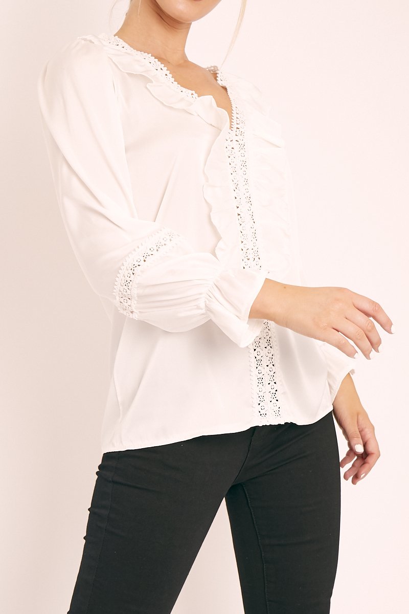 White Plunge Lace Neckline Blouse - Harleigh-Blouse
