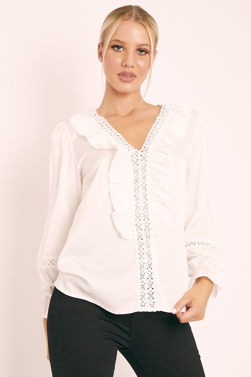 White Plunge Lace Neckline Blouse - Harleigh-Blouse