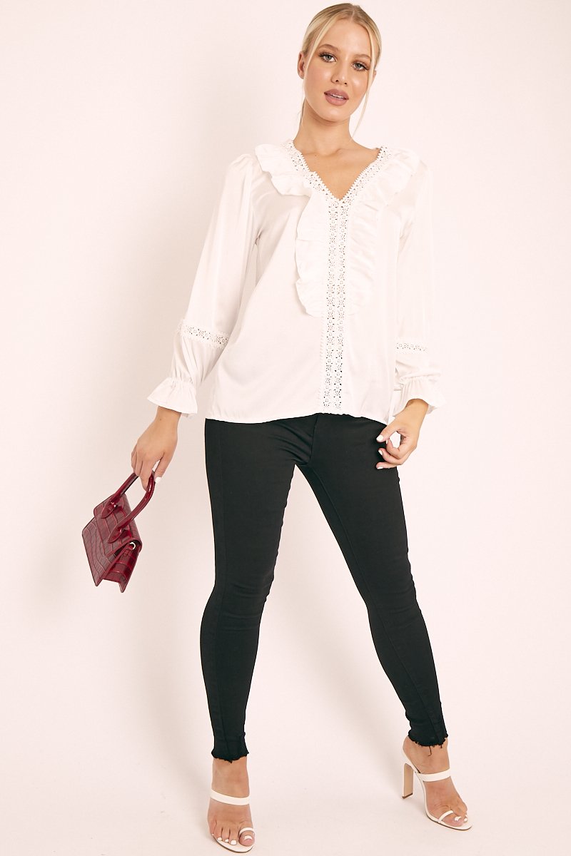 White Plunge Lace Neckline Blouse - Harleigh-Blouse