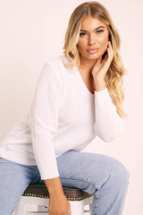 White Plunge Neck Knit Jumper - Halie-Jumper